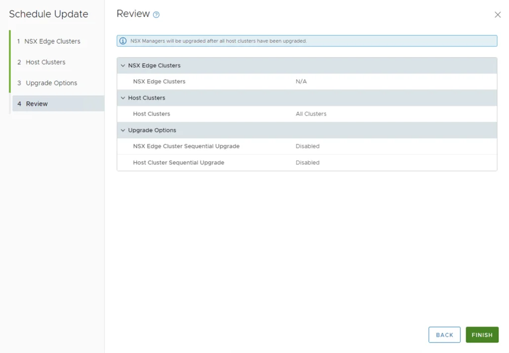 Review screen shows upgrade options for NSX Edge and Host Clusters, with upgrade options disabled.