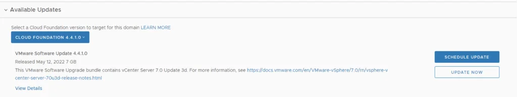 The image shows the “Available Updates” section for Cloud Foundation 4.4.1.0, with options to “Schedule Update” or “Update Now.