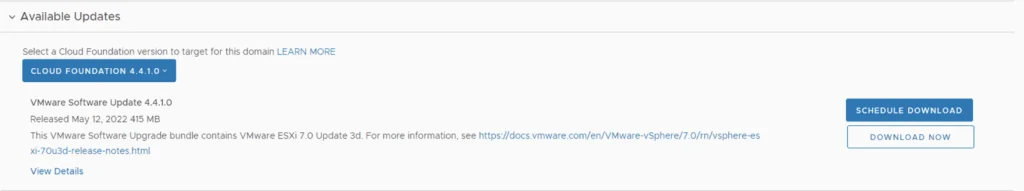 The screenshot shows a VMware Cloud Foundation update page with options to select and download a specific version.