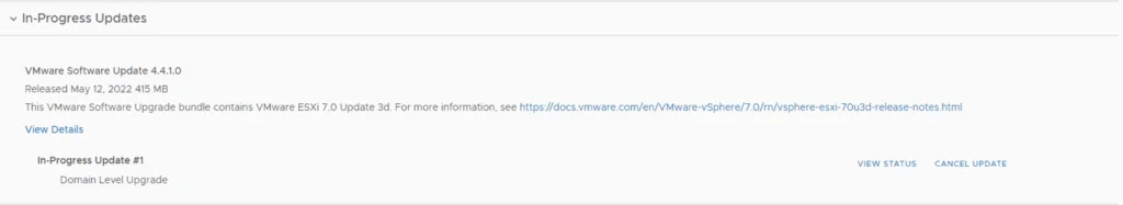 In-Progress Updates show VMware Software Update 4.4.1.0 with ESXi 7.0 Update 3d.