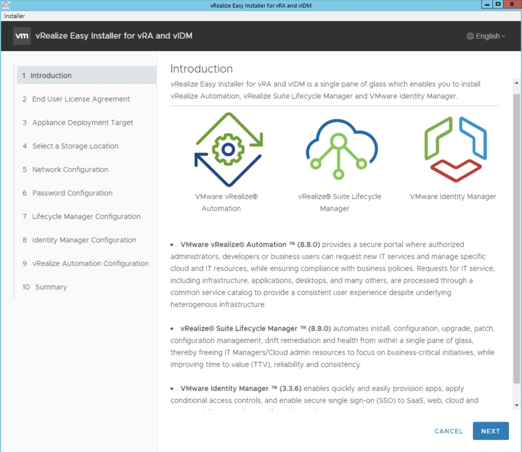 The image shows the Introduction step of the vRealize Easy Installer for vRA and vIDM, highlighting vRealize Automation 8.8, Lifecycle Manager 8.8, and Identity Manager 3.3.6.