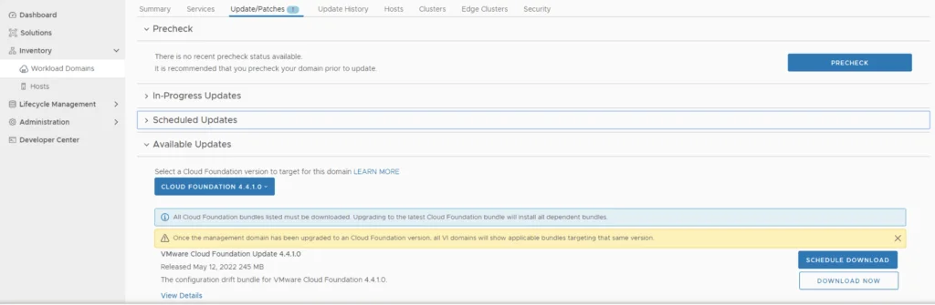 UI shows domain update options, including precheck, scheduled updates, and download for VCF 4.4.1.
