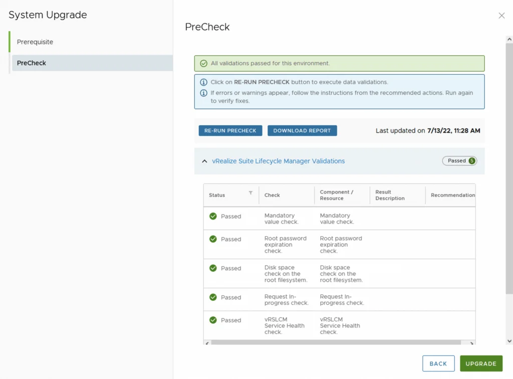 PreCheck results show all validations passed; click “Upgrade” to proceed.