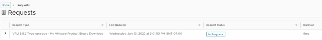 Requests page showing a type upgrade in progress for vRLI 8.8.2.
