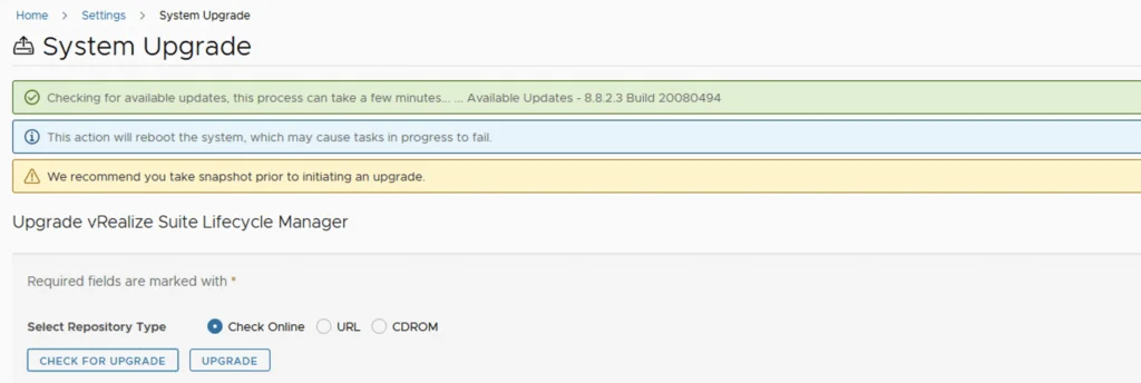 System upgrade screen shows available update 8.8.2.3, reboot warning, and upgrade options.