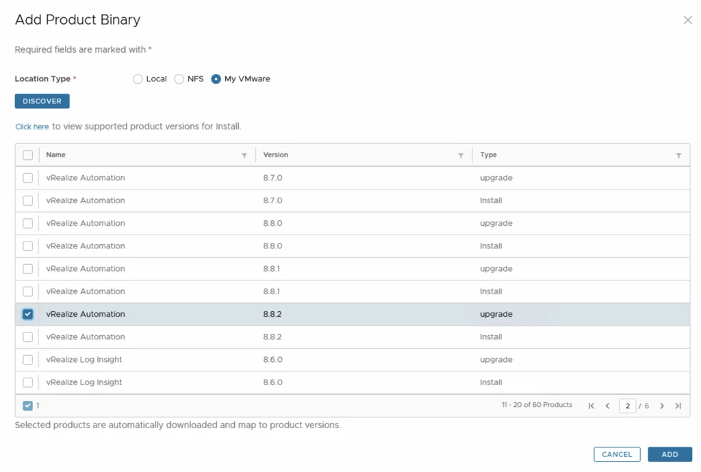 Adding vRealize Automation 8.8.2 for upgrade via Add Product Binary wizard.