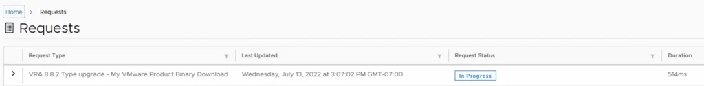 Upgrading vRA to 8.8.2 in progress. Click In Progress to view details.