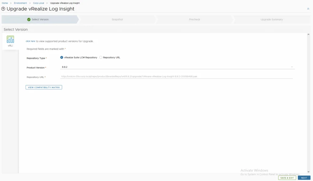 Upgrade vRLI to 8.8.2 via vRSLCM wizard step.