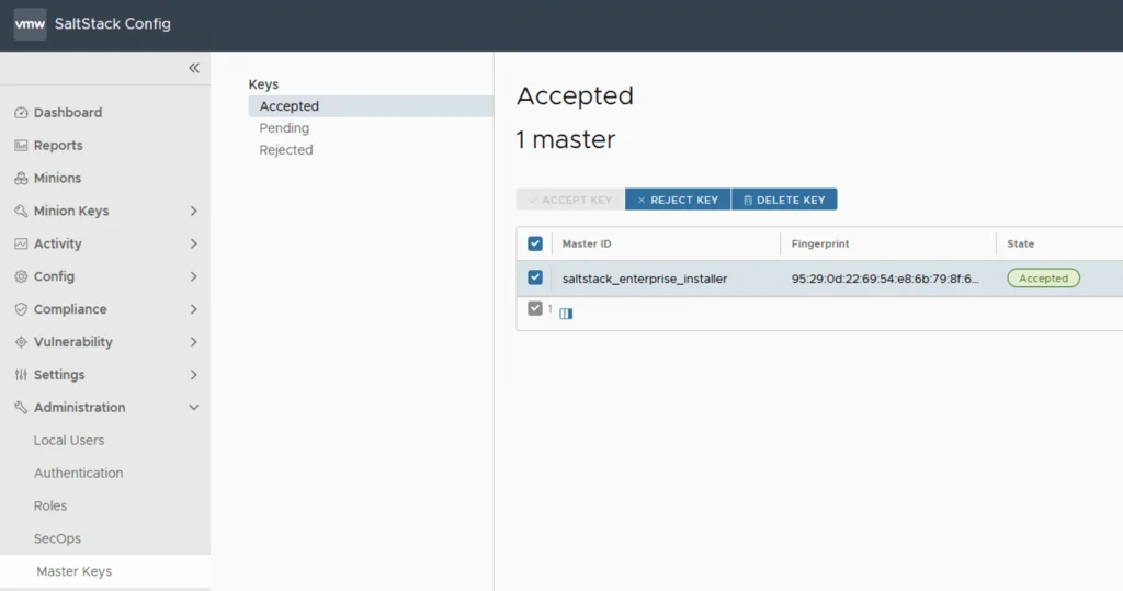 UI shows SaltStack Config dashboard with accepted master key, fingerprint, and state.