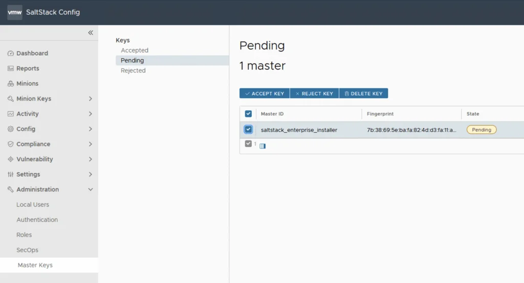 UI shows pending master key for acceptance in SaltStack Config.