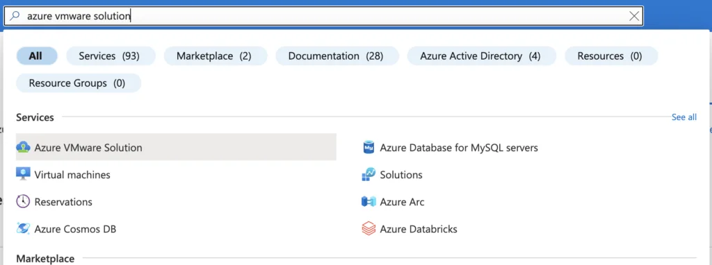 Azure portal search results for "azure vmware solution" showing services and marketplace options.