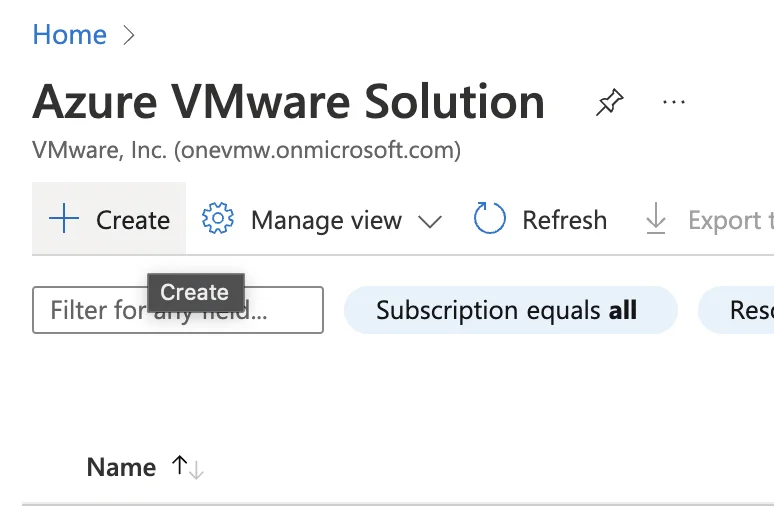 The image shows a “Create” button in the Azure VMware Solution dashboard.