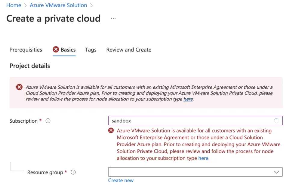 UI shows Azure VMware Solution basics step with subscription and resource group fields, error text about node allocation.