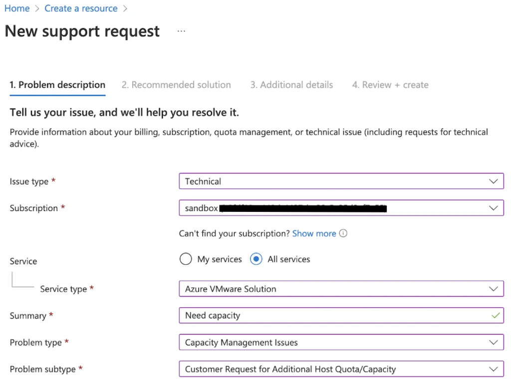 Creating a new support request for Azure VMware Solution capacity management issues.