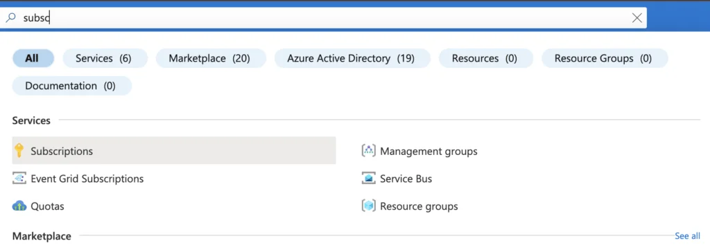 The image shows a search bar with “subsc” typed, and options like Subscriptions, Management groups, Service Bus, and Resource groups.