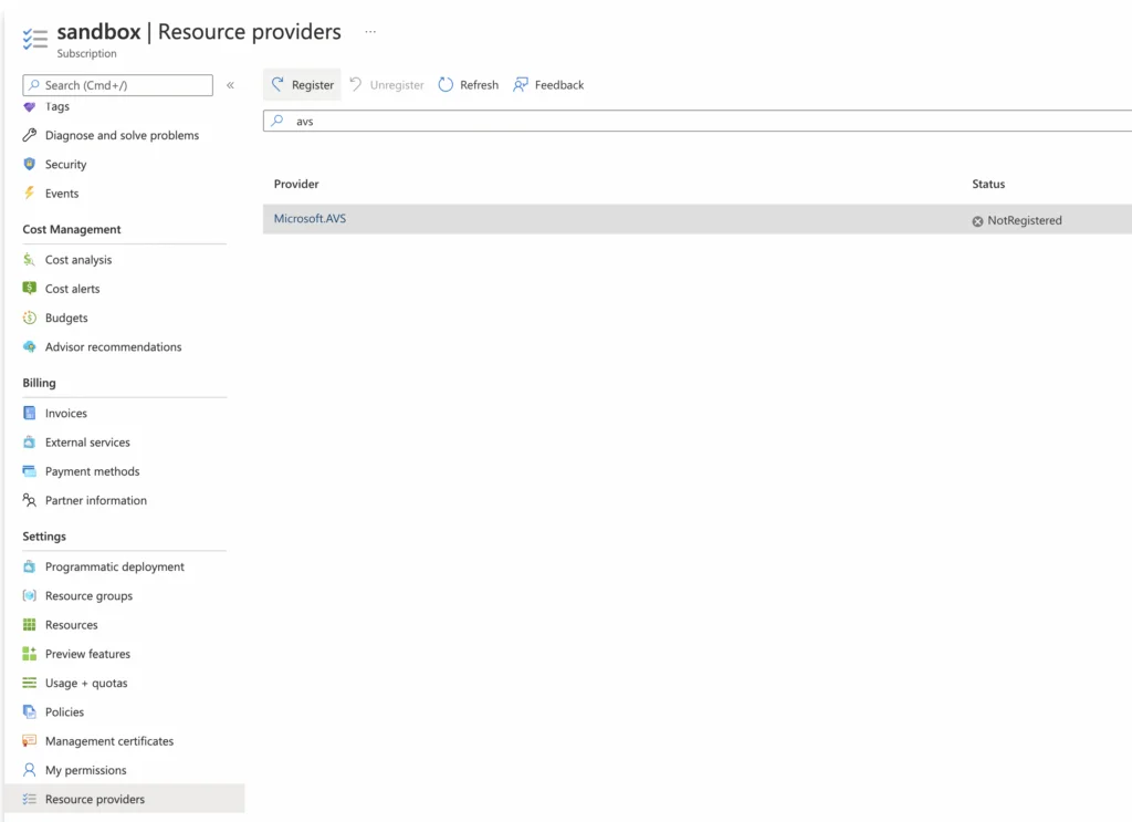 The image shows the Azure portal’s Resource Providers page, with Microsoft AVS not registered.