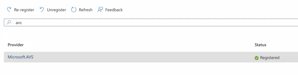 The image shows a registration status for Microsoft AVS, indicating it’s registered.