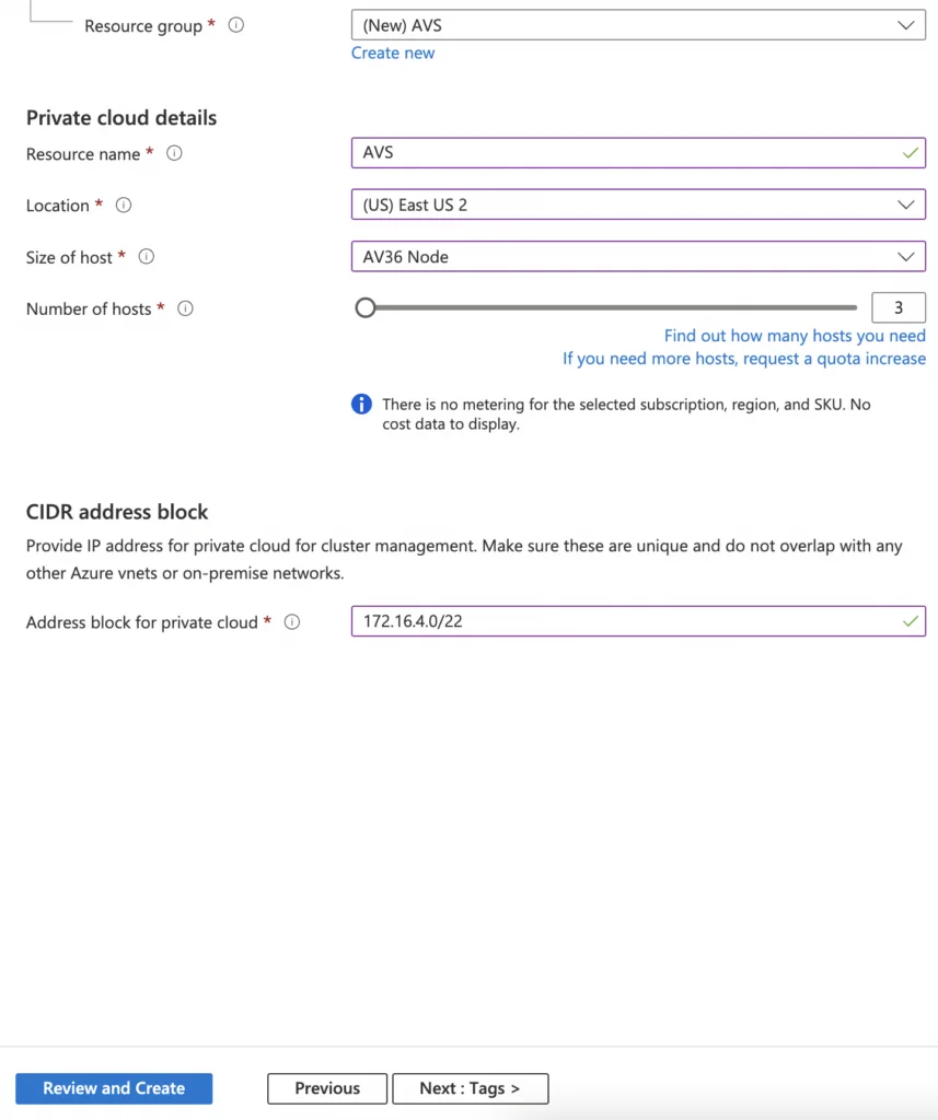 Setting up an AVS cluster in East US 2 with 3 hosts and a private cloud address block.