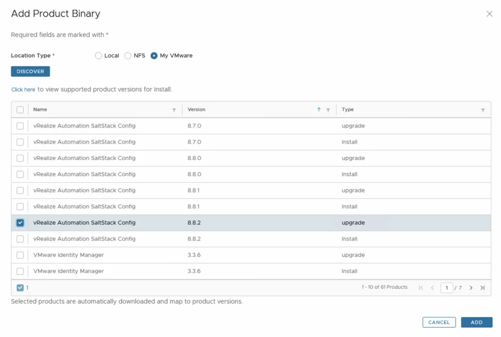 The image shows a list of vRealize Automation SaltStack Config binaries, version 8.8.2, with an option to upgrade or install.