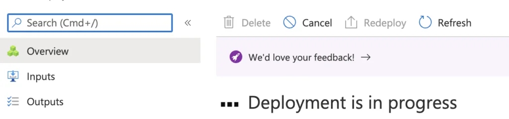 Deployment in progress; review and create step in Azure portal.