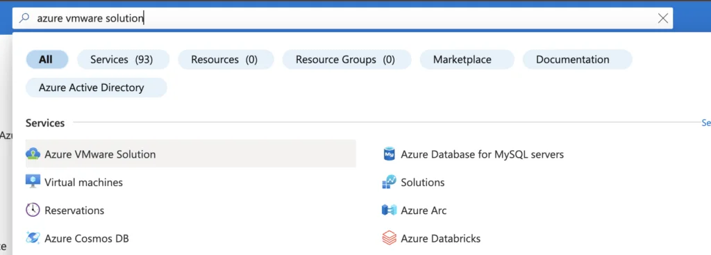 The Azure portal shows search results for “azure vmware solution,” with options like Azure VMware Solution, Virtual machines, and Azure Database for MySQL servers.