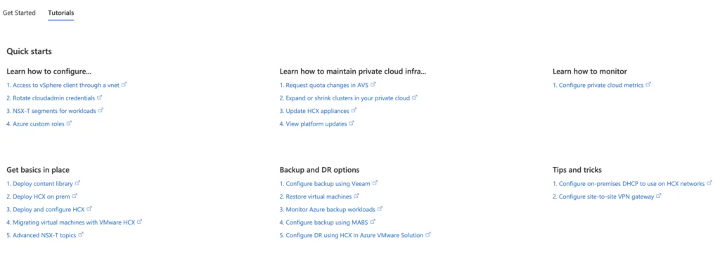 The image shows a list of tutorials for deploying and managing an AVS cluster on Azure, including quick starts, basics, backup options, and monitoring tips.