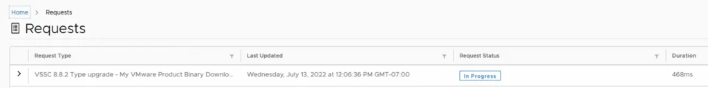 Requests page showing upgrade in progress for vSSC 8.8.2.
