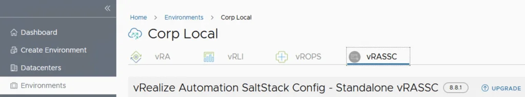 UI shows vRASSC tab for Corp Local environment, upgrade option visible.