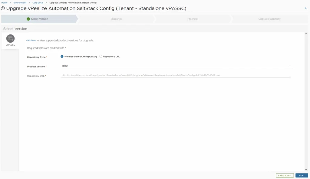 Upgrading vRA SaltStack Config to 8.8.2 using vRSLCM wizard.