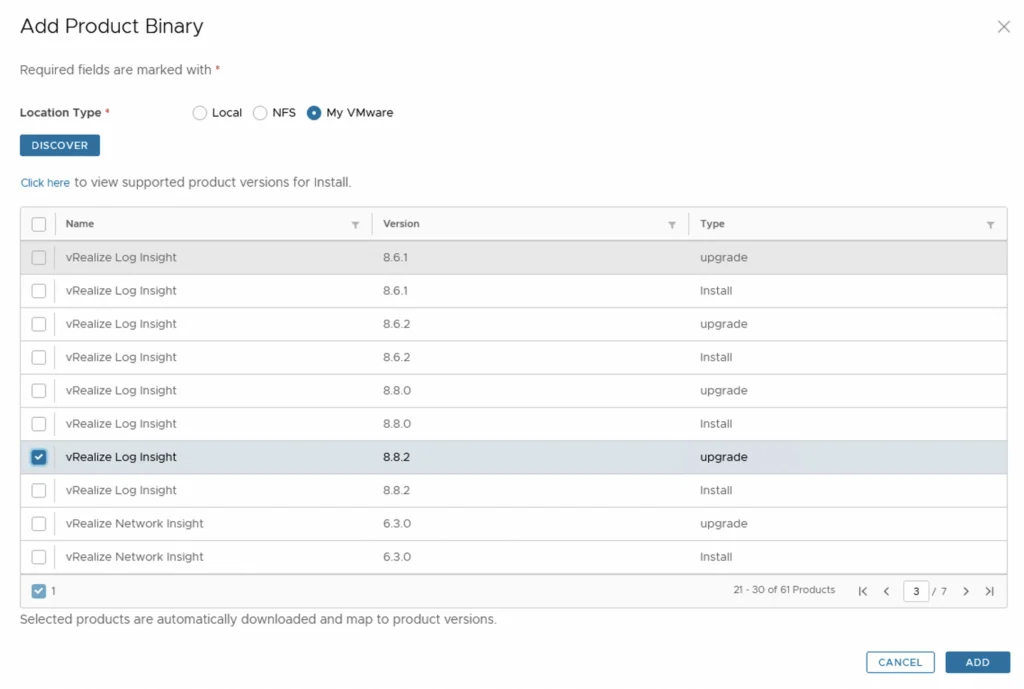 The image shows the “Add Product Binary” step in vRSLCM, listing vRealize Log Insight versions with upgrade and install options.