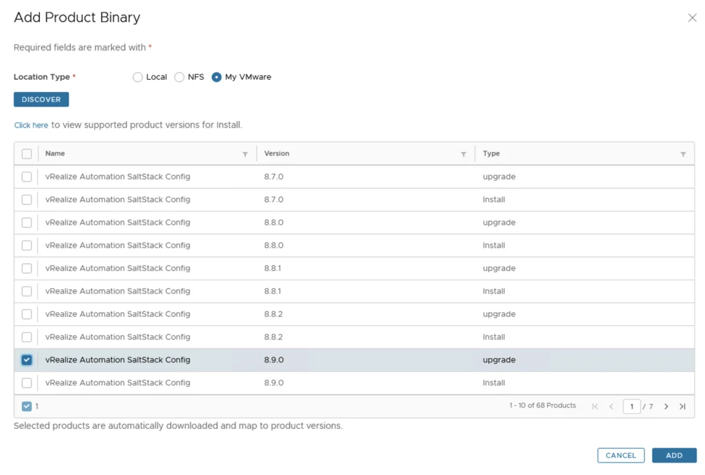 In the vRSLCM upgrade wizard, select vRealize Automation SaltStack Config 8.9.0 and click Add.