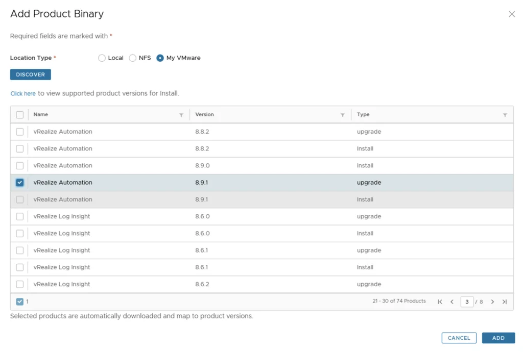 The image shows a “Add Product Binary” wizard step, listing vRealize Automation versions for upgrade and install.