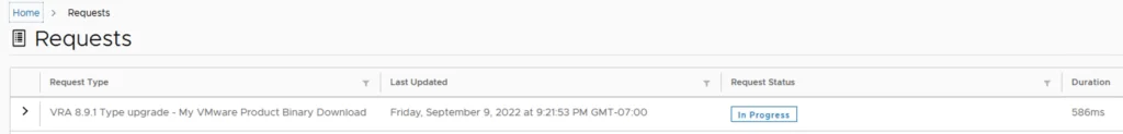 UI shows upgrade request for vRA 8.9.1 in progress.