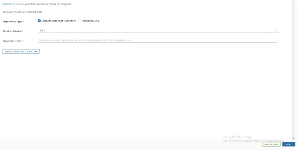 Upgrading vRA to 8.9.1 wizard step; select version, click Next, review compatibility matrix.