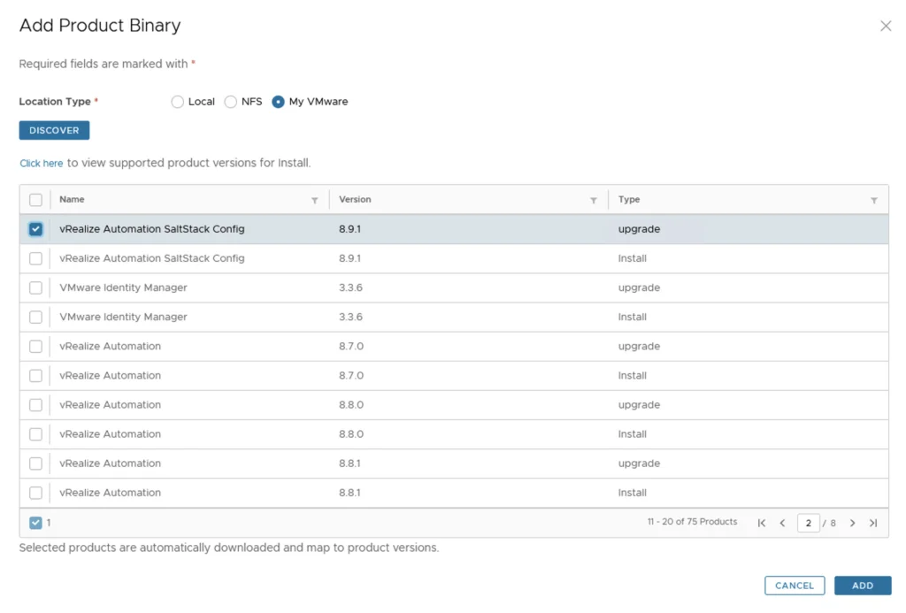 The image shows a step in upgrading SSC (SaltStack Config) to 8.9.1 using vRSLCM, with a list of binaries and upgrade options.