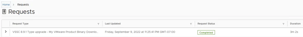 Requests page shows upgrade task completed.