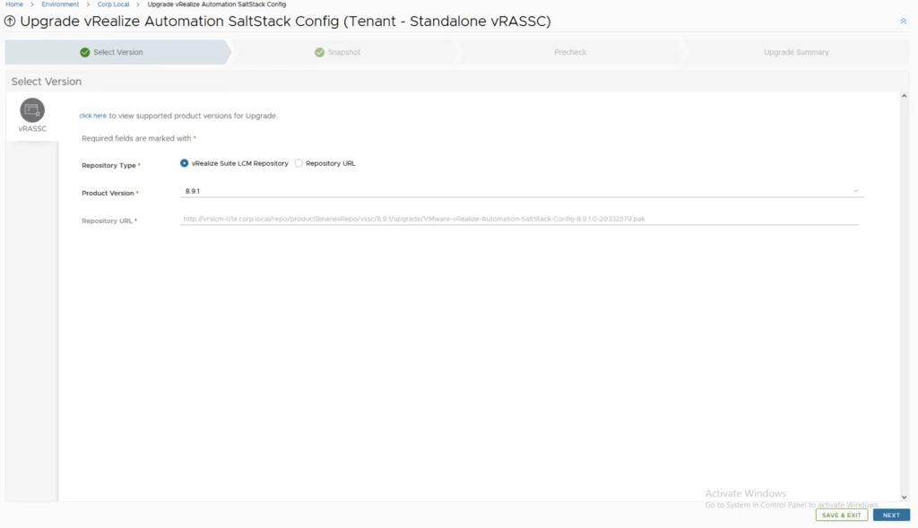 Upgrade vRA SaltStack Config wizard showing version selection for 8.9.1.