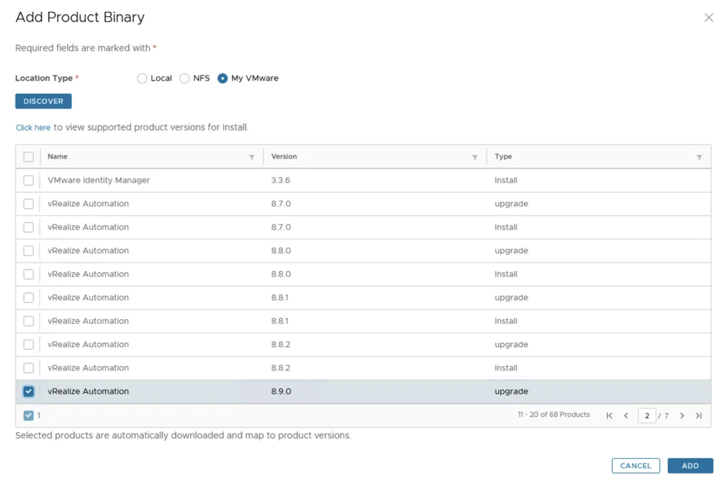 Upgrading vRA to 8.9.0: Select binaries, click Add.
