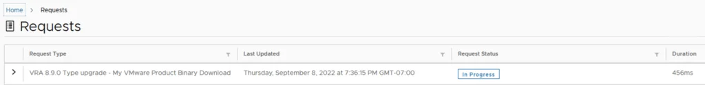 Upgrading vRA to 8.9.0 in progress. Click to view details.