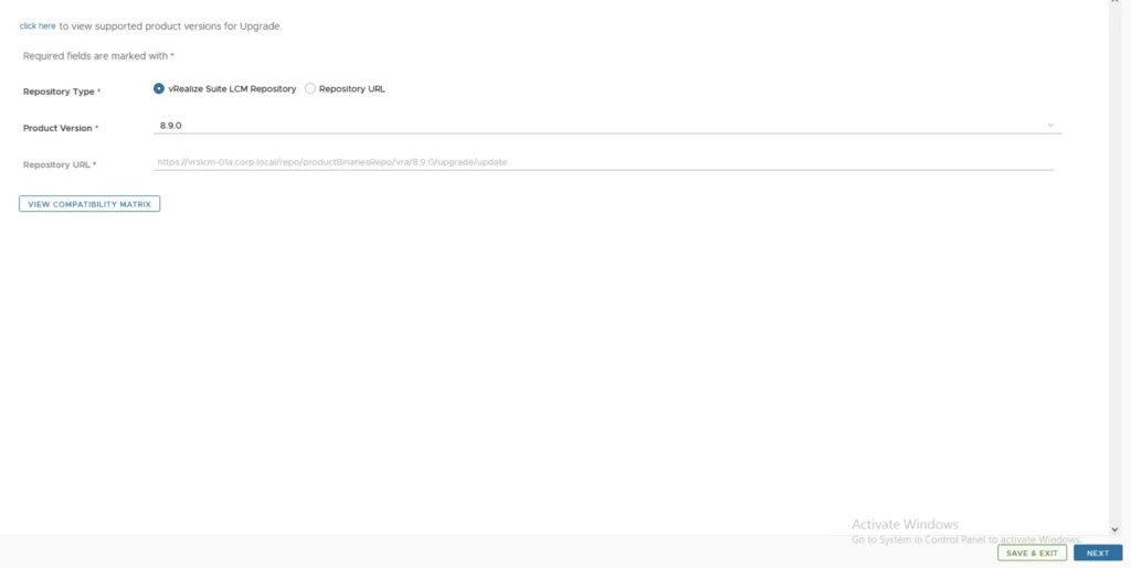 Upgrading vRA to 8.9.0: Select version, click Next, review compatibility matrix.