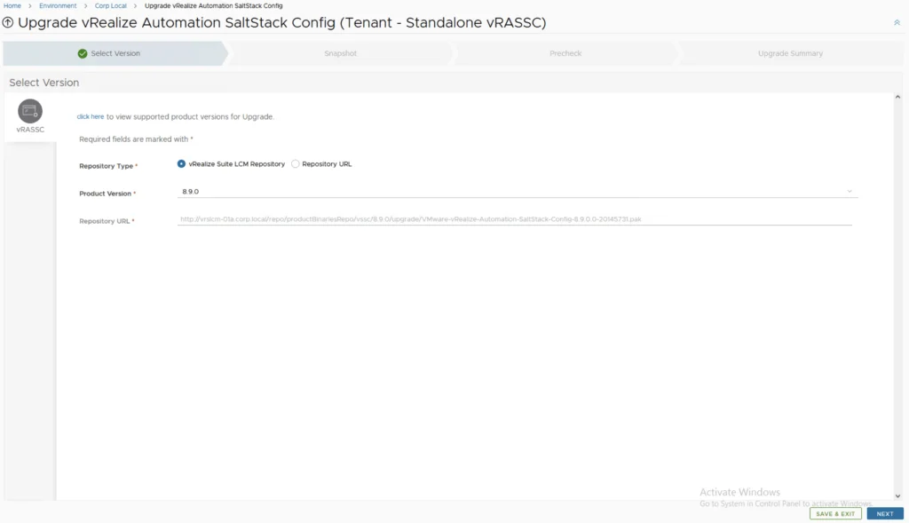 Upgrading vRealize Automation SaltStack Config to 8.9.0 using vRSLCM wizard.