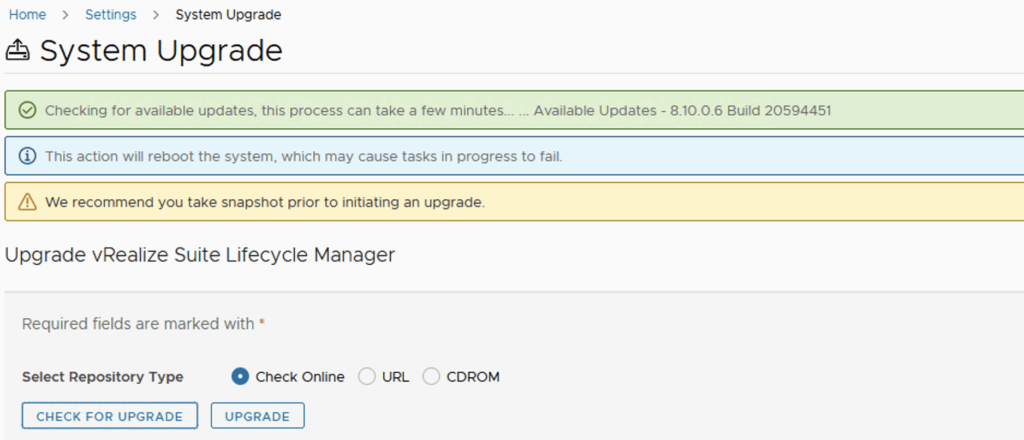 System upgrade screen shows available update 8.10.0.6 Build 20594451.