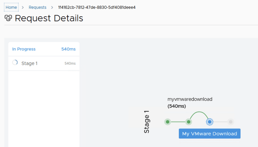 The image shows a request in progress for a VMware download, with Stage 1 at 540ms.