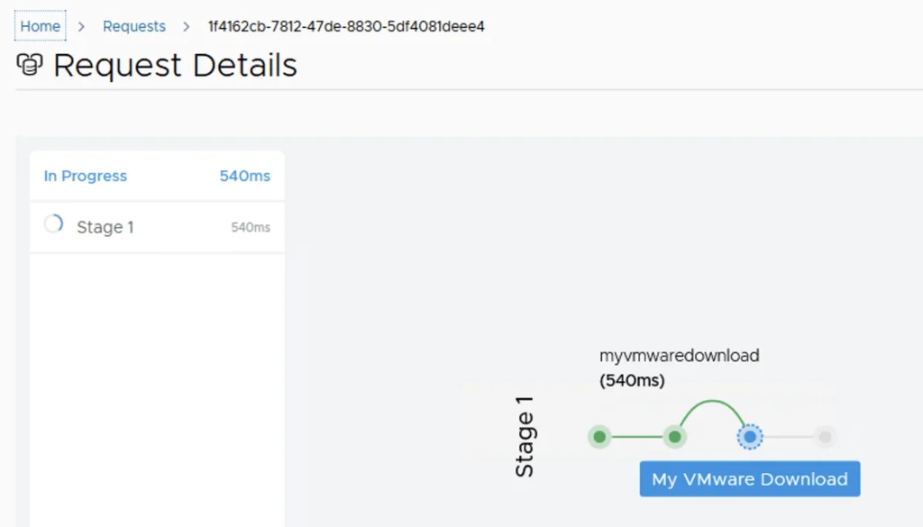 The image shows a request in progress for a VMware download, with Stage 1 at 540ms.