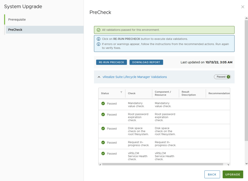 PreCheck shows all validations passed; click &ldquo;Upgrade&rdquo; to proceed.