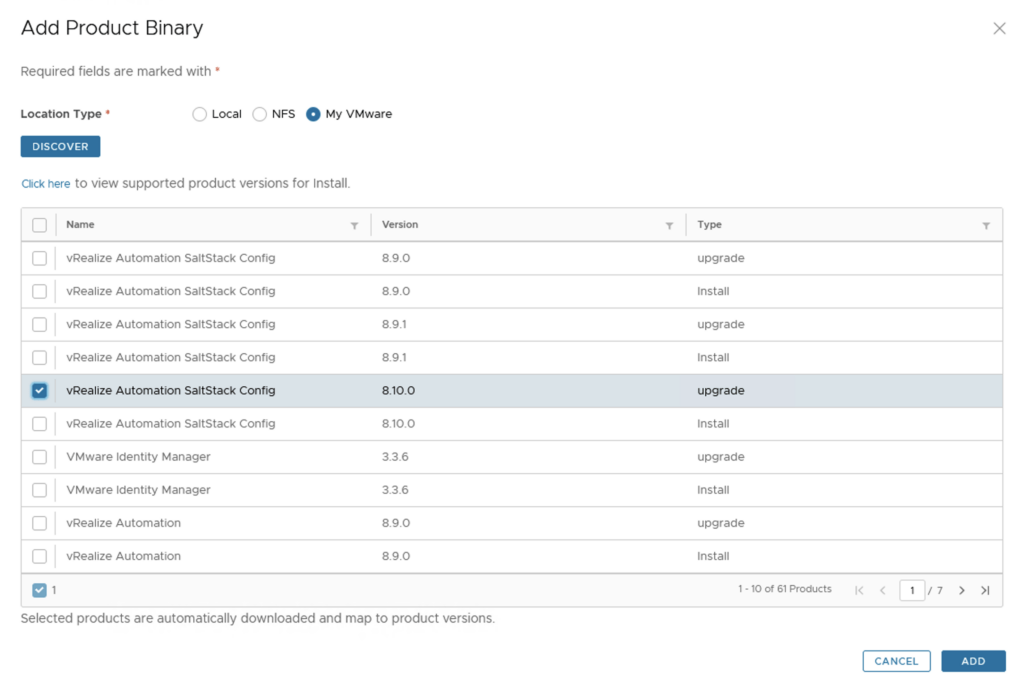 The image shows the &ldquo;Add Product Binary&rdquo; step in vRSLCM, allowing selection of vRealize Automation SaltStack Config version 8.10.0 for upgrade.