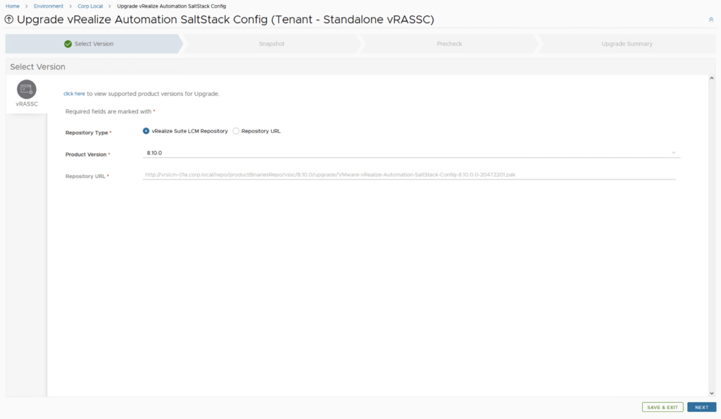 Upgrade wizard showing version selection for vRealize Automation SaltStack Config.