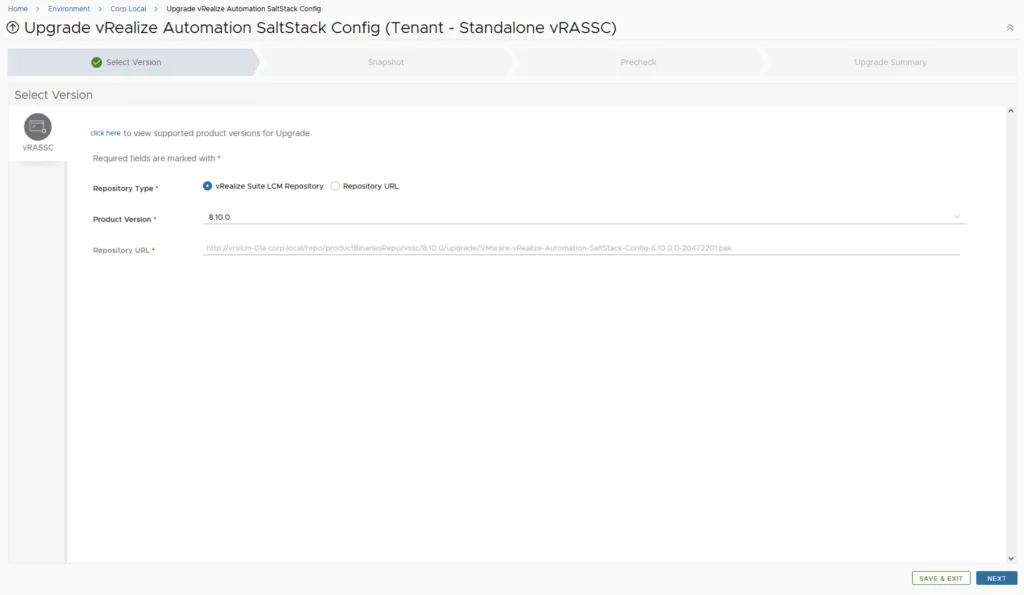 Upgrade wizard showing version selection for vRealize Automation SaltStack Config.
