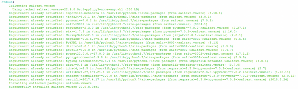 Output shows successful installation of saltext.vmware via pip install.