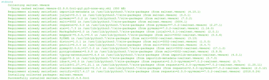 Output shows successful installation of saltext.vmware via pip install.